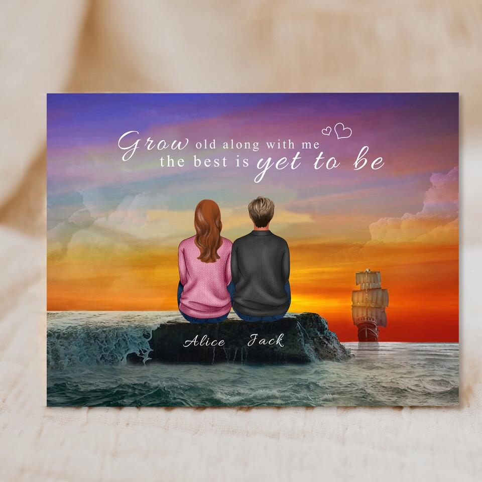 Personalized Back View Couple Sitting by the Sea Watching Sunset Landscape Canvas, Gift For Lover