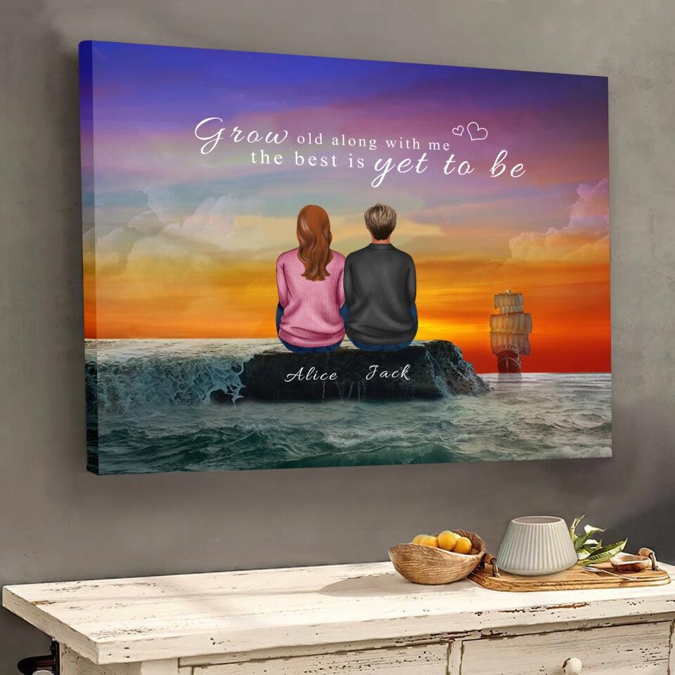 Personalized Back View Couple Sitting by the Sea Watching Sunset Landscape Canvas, Gift For Lover