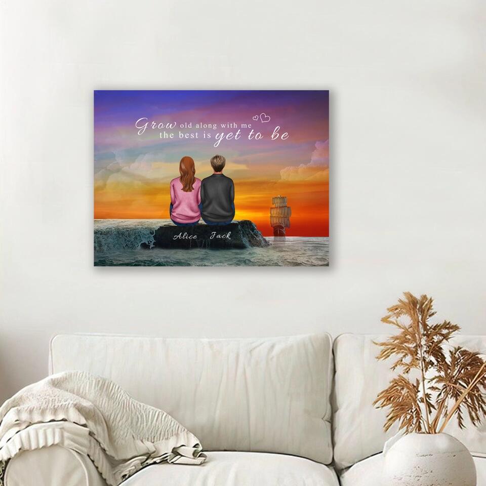 Personalized Back View Couple Sitting by the Sea Watching Sunset Landscape Canvas, Gift For Lover