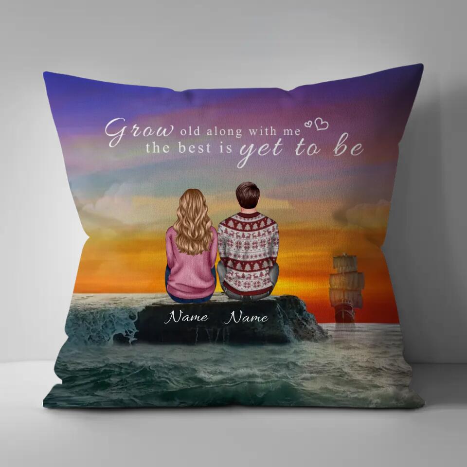 Personalized Back View Couple Sitting by the Sea Watching Sunset Landscape Pillow, Gift For Lover