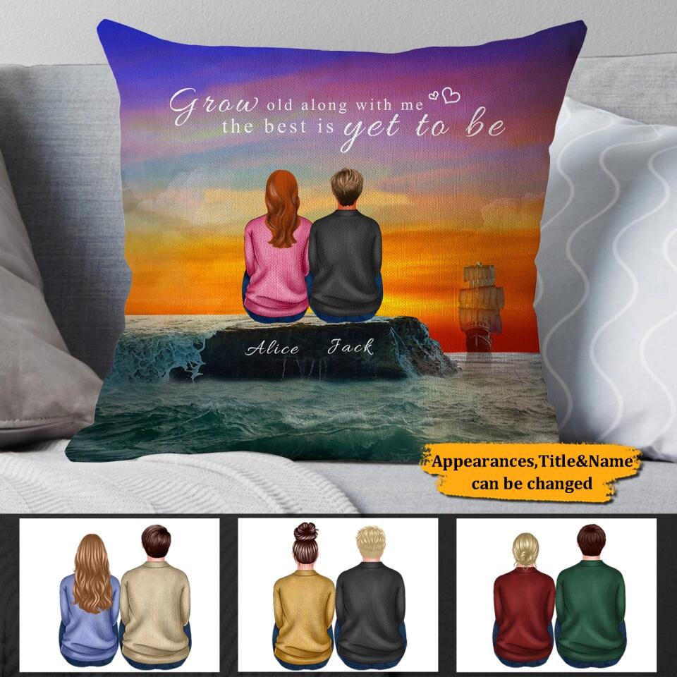 Personalized Back View Couple Sitting by the Sea Watching Sunset Landscape Pillow, Gift For Lover