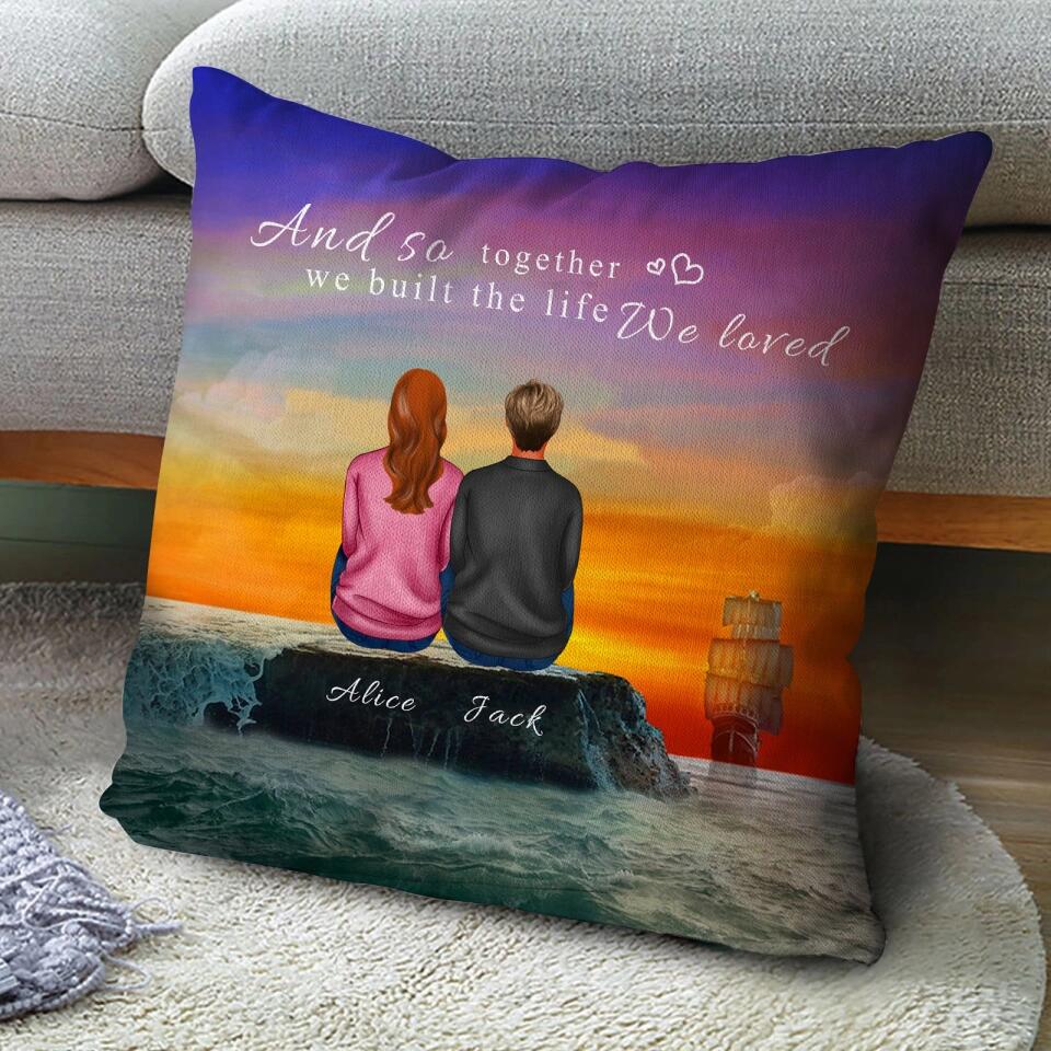 Personalized Back View Couple Sitting by the Sea Watching Sunset Landscape Pillow, Gift For Lover