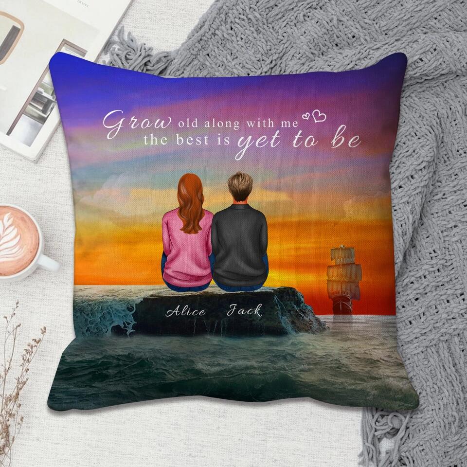 Personalized Back View Couple Sitting by the Sea Watching Sunset Landscape Pillow, Gift For Lover