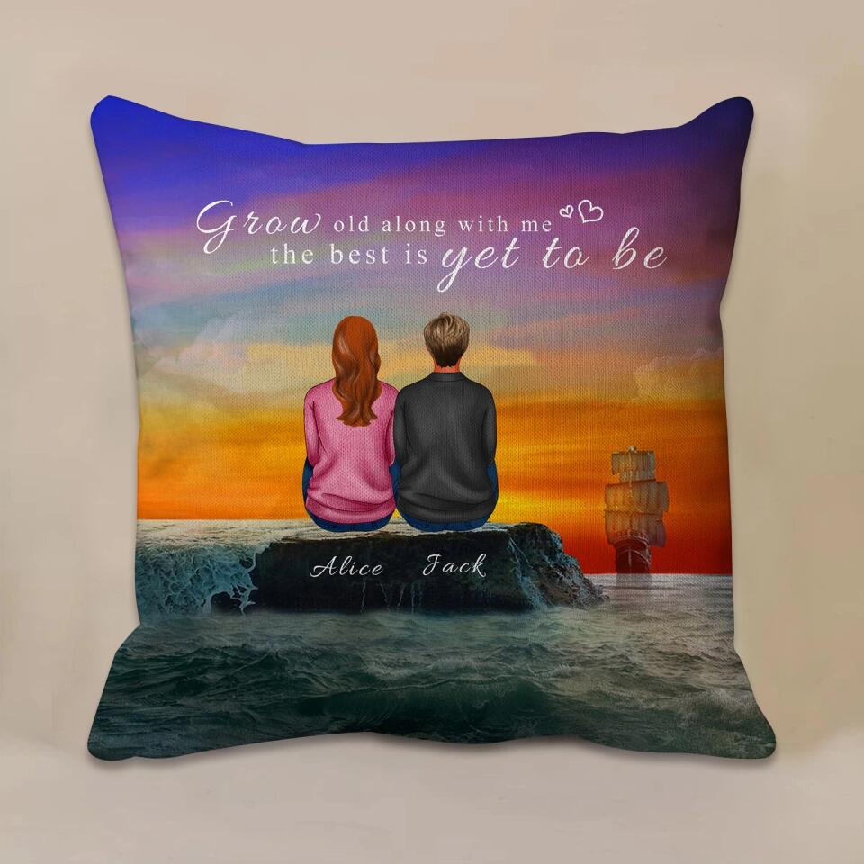 Personalized Back View Couple Sitting by the Sea Watching Sunset Landscape Pillow, Gift For Lover