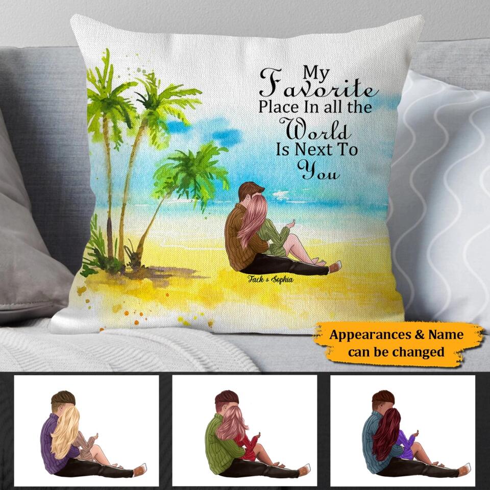 Personalized Couple Sitting By The Sea Looking At Scenery Pillows, Gift For Lovers