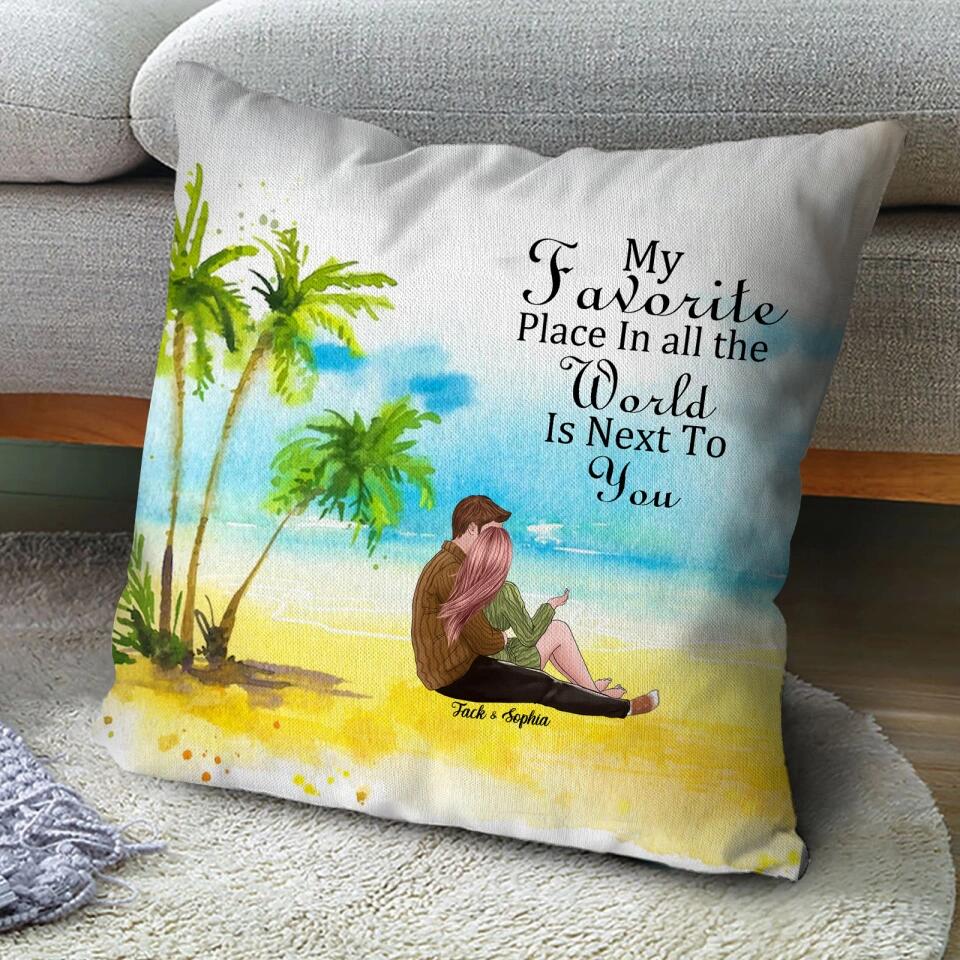 Personalized Couple Sitting By The Sea Looking At Scenery Pillows, Gift For Lovers