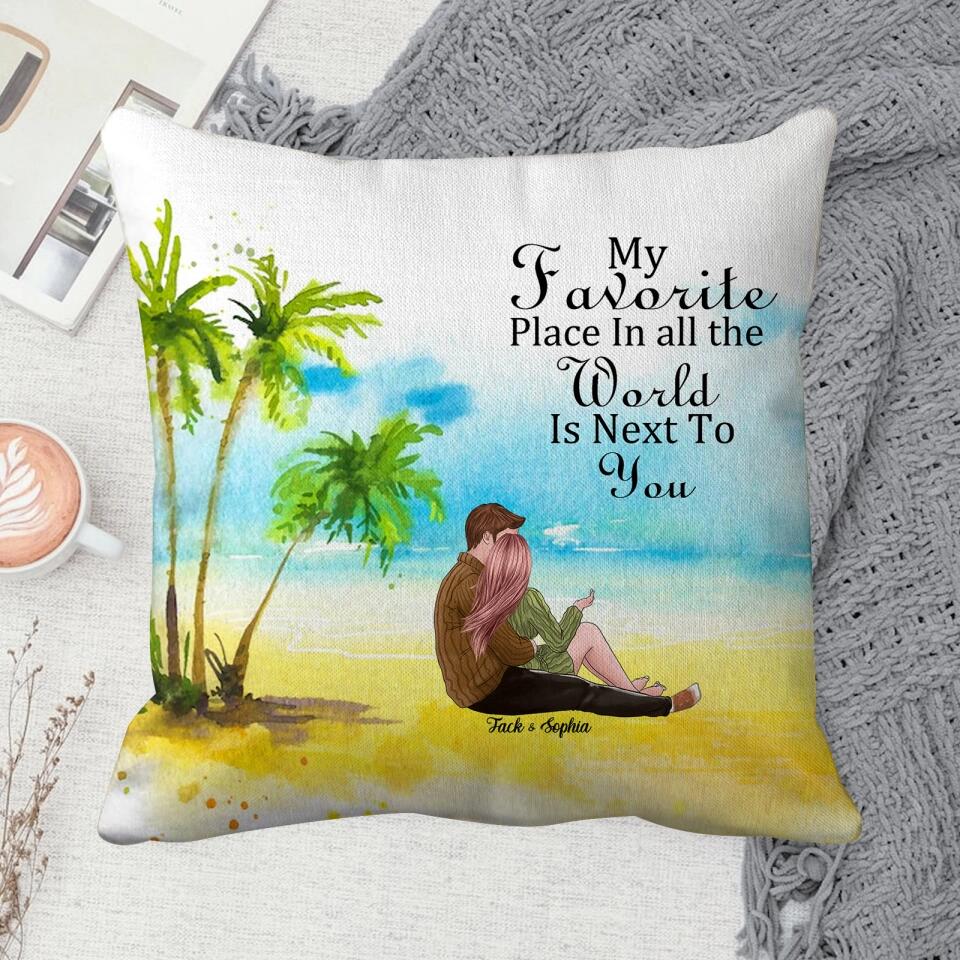 Personalized Couple Sitting By The Sea Looking At Scenery Pillows, Gift For Lovers