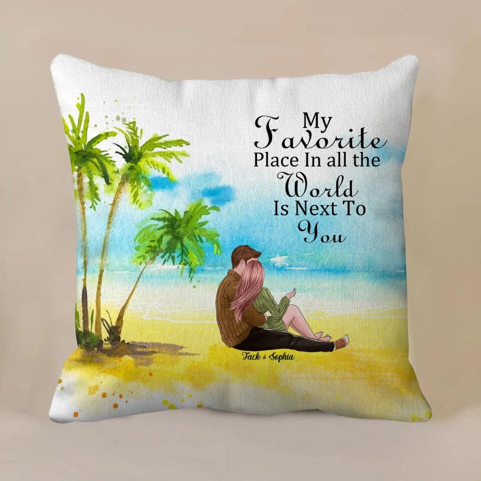 Personalized Couple Sitting By The Sea Looking At Scenery Pillows, Gift For Lovers