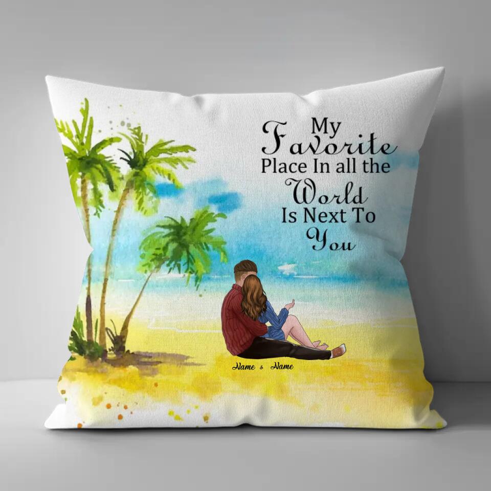 Personalized Couple Sitting By The Sea Looking At Scenery Pillows, Gift For Lovers