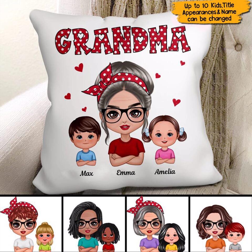 Personalized Grandma And Grandkids Polka Dot Pattern Doll Pillow, Gift For Grandma