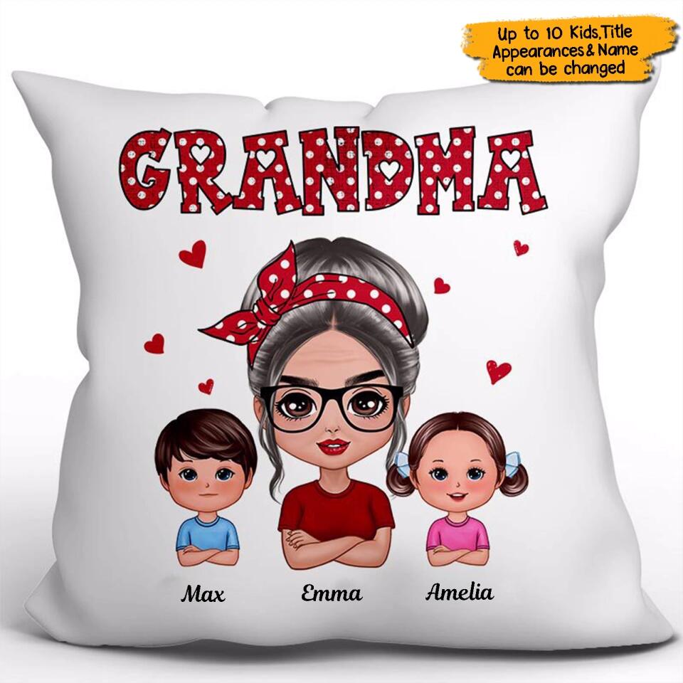 Personalized Grandma And Grandkids Polka Dot Pattern Doll Pillow, Gift For Grandma