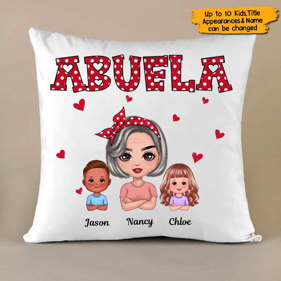 Personalized Grandma And Grandkids Polka Dot Pattern Doll Pillow, Gift For Grandma