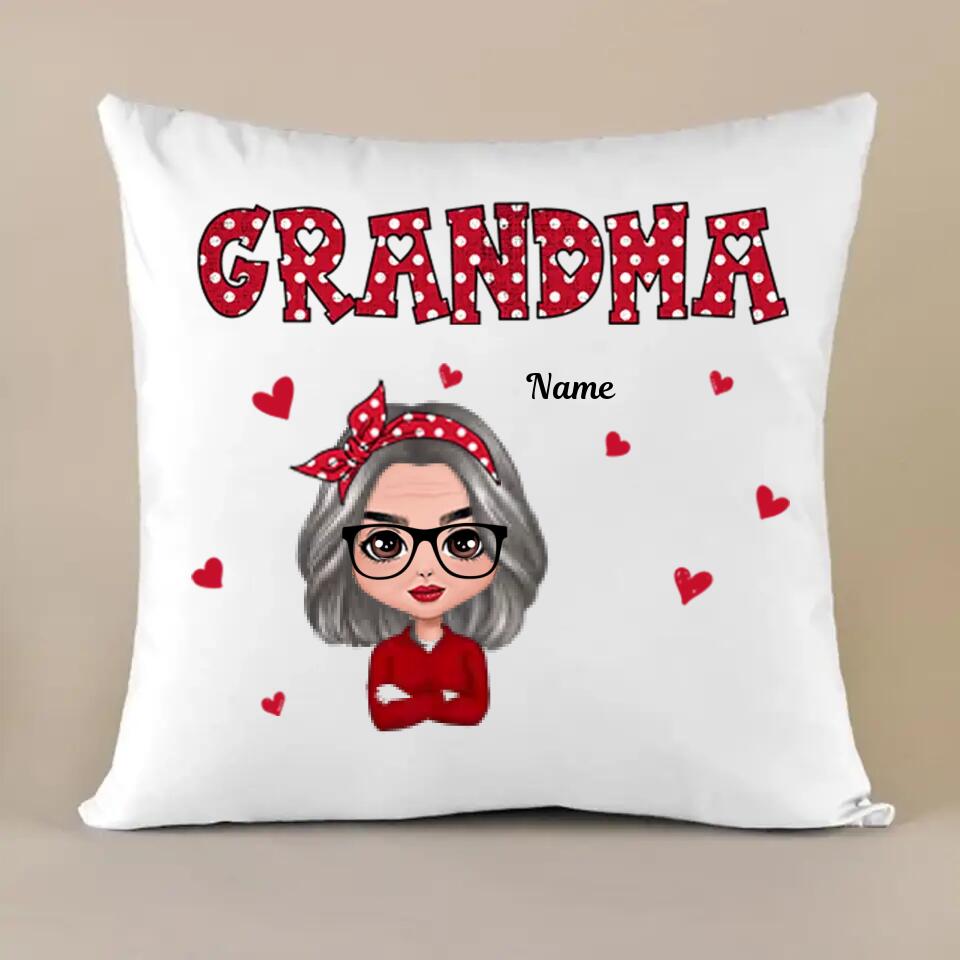 Personalized Grandma And Grandkids Polka Dot Pattern Doll Pillow, Gift For Grandma