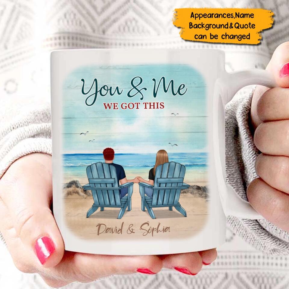 Back View Couple Sitting Beach Landscape Personalized Mug