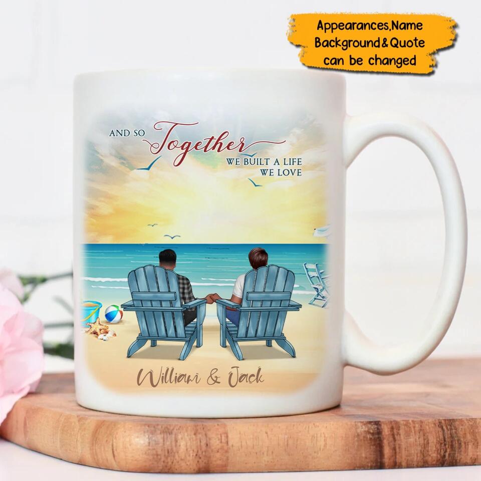 Back View Couple Sitting Beach Landscape Personalized Mug