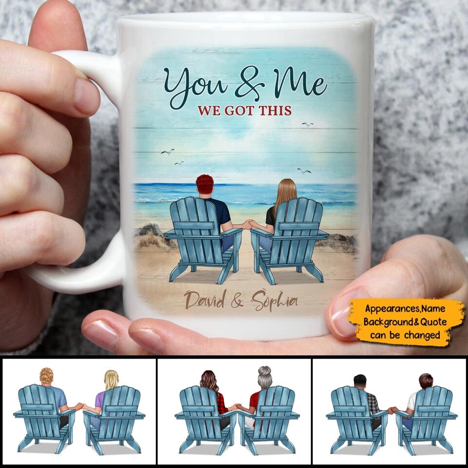 Back View Couple Sitting Beach Landscape Personalized Mug