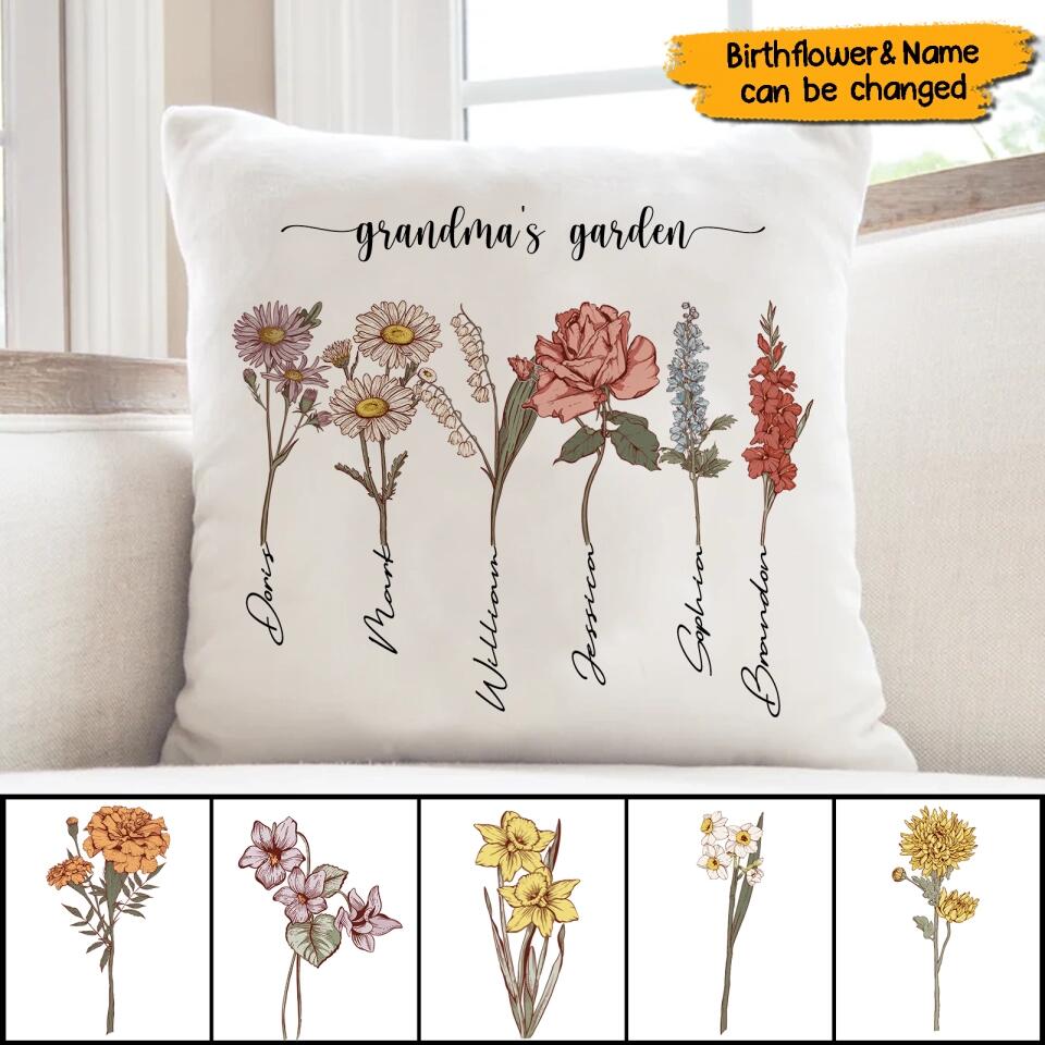 Grandma's Garden - Personalized Birthflower Pillow, Grandmas Garden Pillow with Grandkids, Gift for Grandma