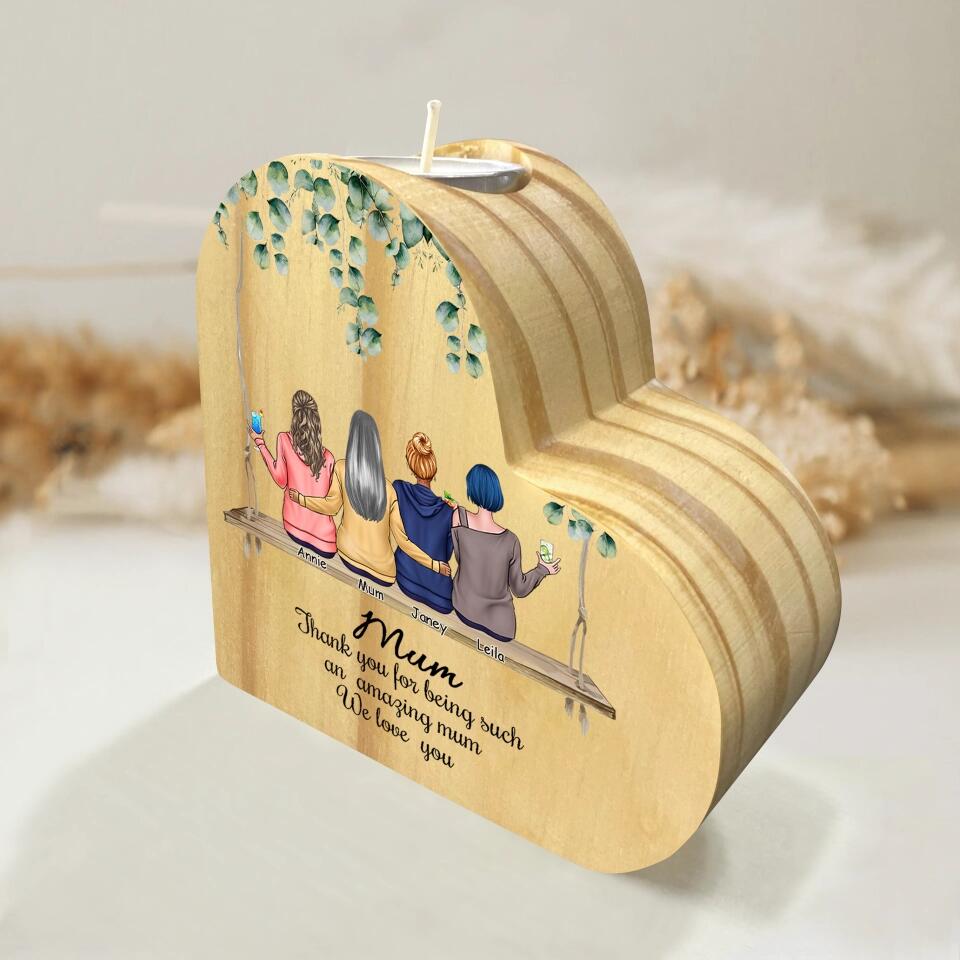 Mum, We Love You - Personalized Heart-shaped Wooden Candle Holder  - Gift for Mom, Daughter