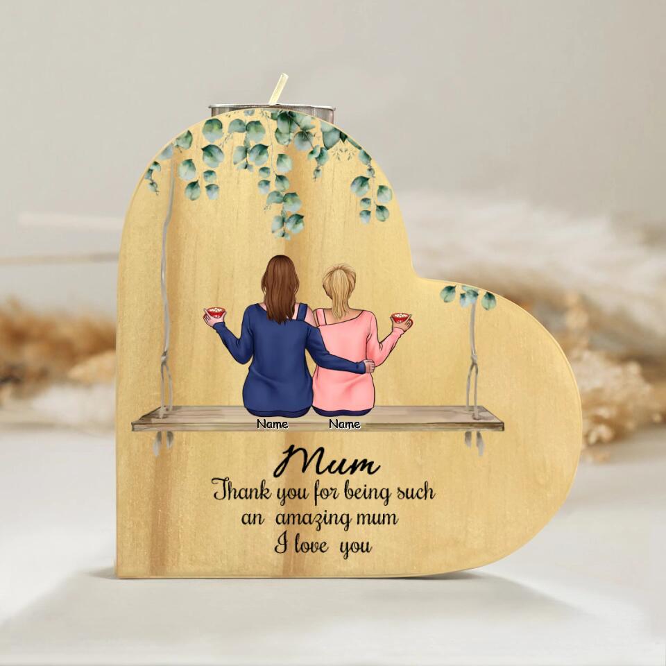 Mum, We Love You - Personalized Heart-shaped Wooden Candle Holder  - Gift for Mom, Daughter