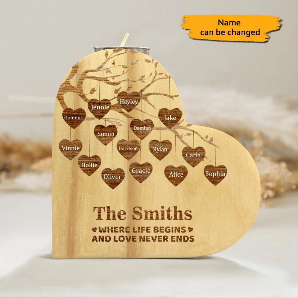 Personalized Family Tree Candle Holder Heart-shaped Wooden