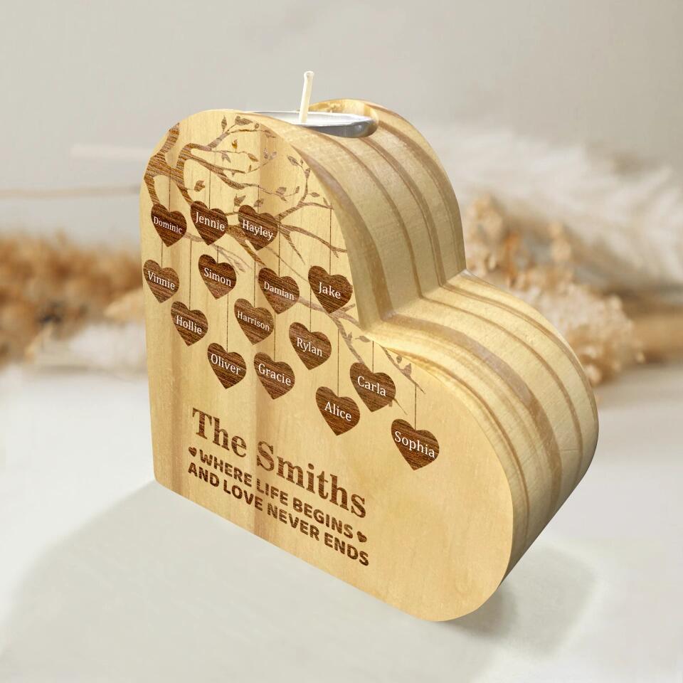 Personalized Family Tree Candle Holder Heart-shaped Wooden