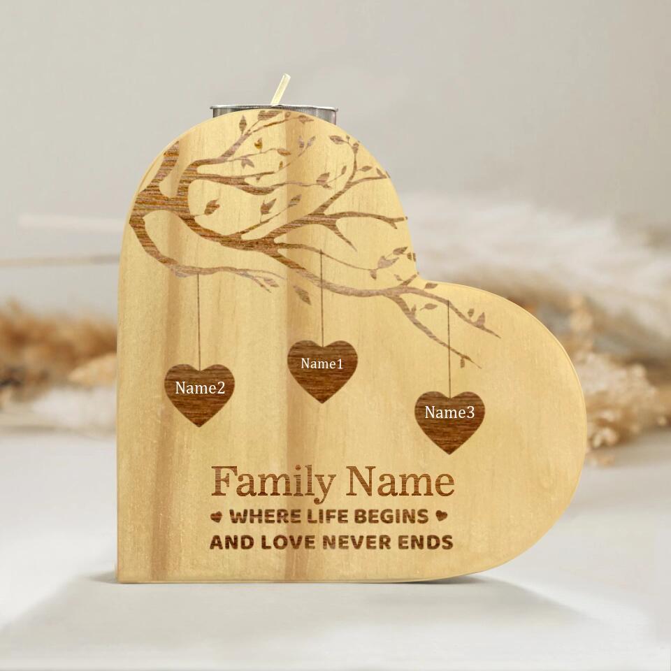 Personalized Family Tree Candle Holder Heart-shaped Wooden