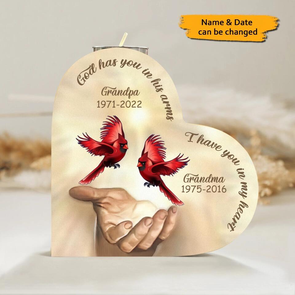 God Has You in His Arms I Have You in My Heart - Personalized Memorial Candle Holder Heart-shaped Wooden