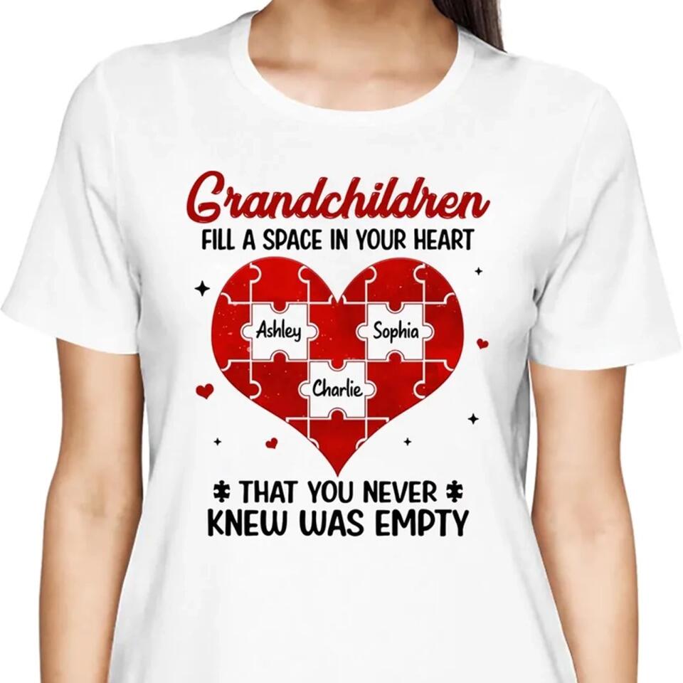 Grandchildren Fill Spaces In Grandma Heart Personalized Shirt