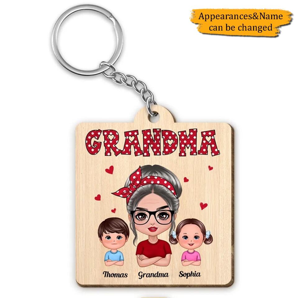 Polka Dot Pattern Grandma And Grandkids Personalized Wooden Keychain