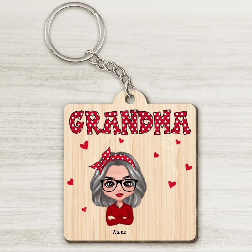 Polka Dot Pattern Grandma And Grandkids Personalized Wooden Keychain