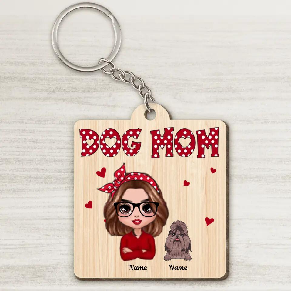 Dog Mom Polka Dot Pattern Doll - Personalized Wooden Keychain, Gift For Dog Lovers