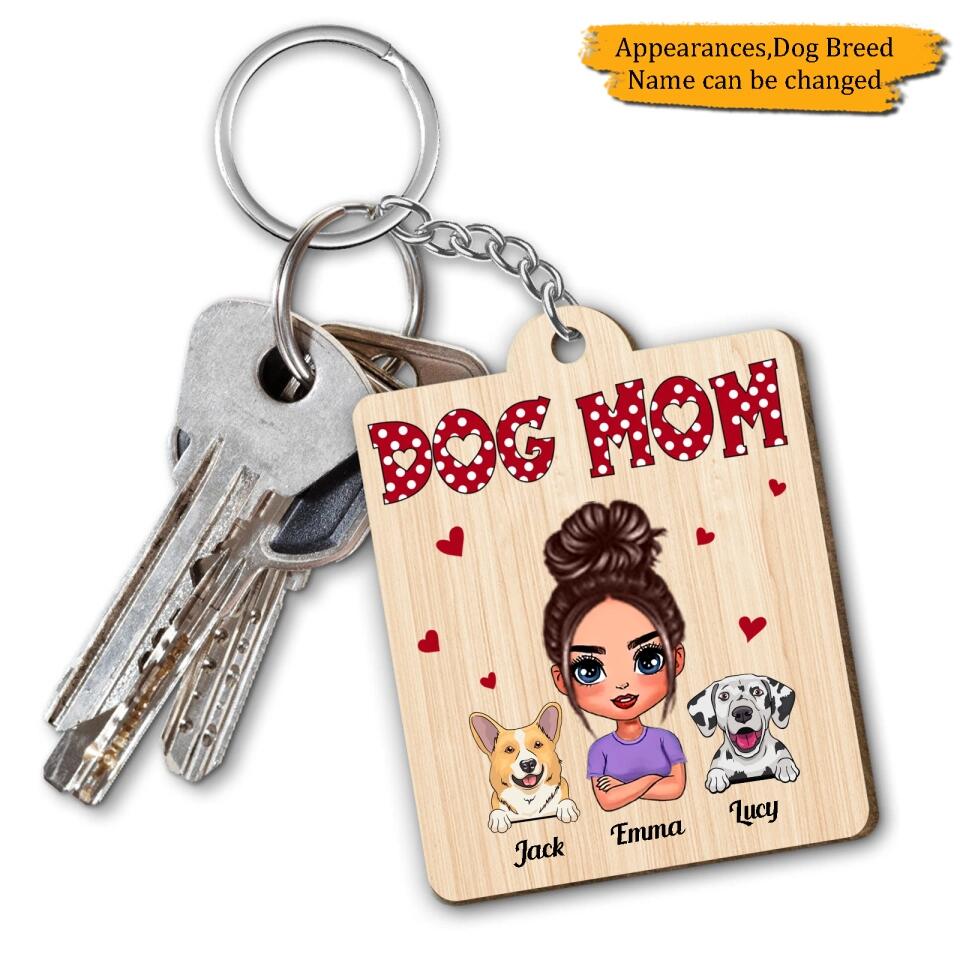 Dog Mom Polka Dot Pattern Doll - Personalized Wooden Keychain, Gift For Dog Lovers