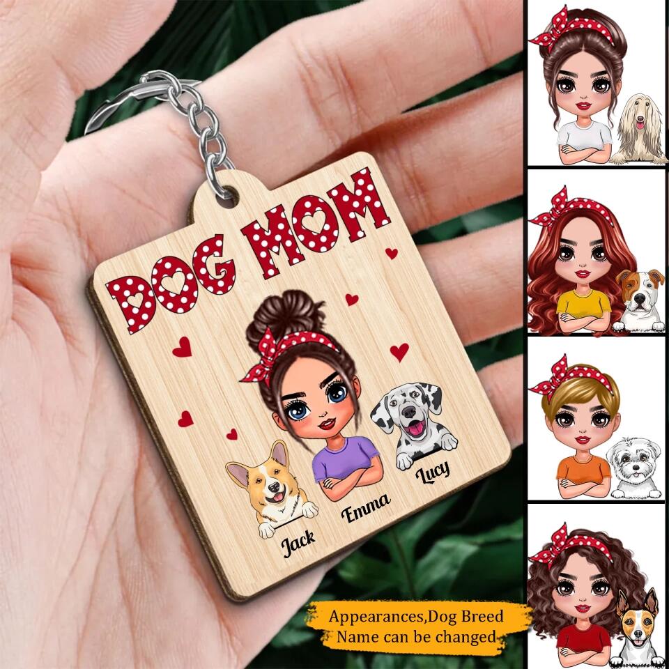 Dog Mom Polka Dot Pattern Doll - Personalized Wooden Keychain, Gift For Dog Lovers