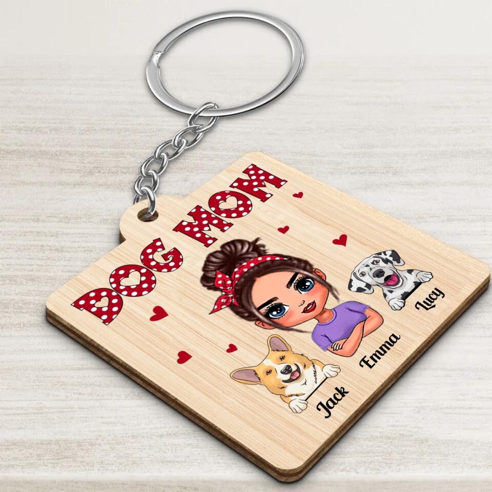 Dog Mom Polka Dot Pattern Doll - Personalized Wooden Keychain, Gift For Dog Lovers