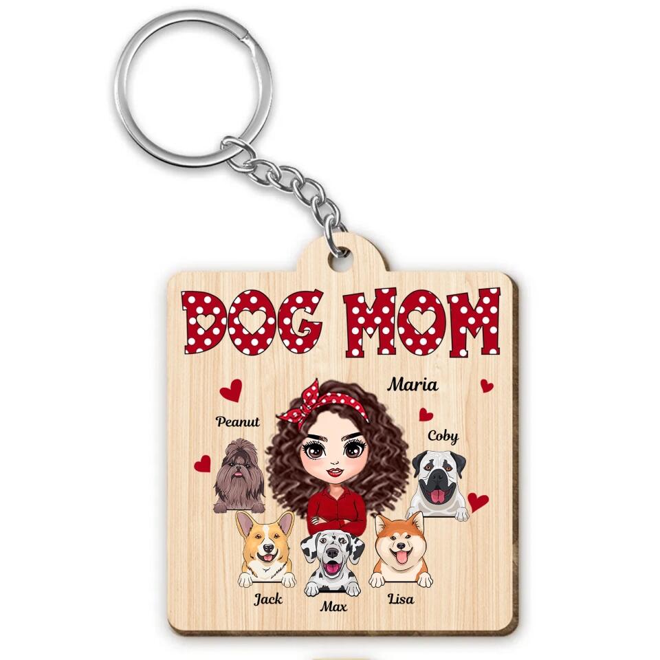 Dog Mom Polka Dot Pattern Doll - Personalized Wooden Keychain, Gift For Dog Lovers