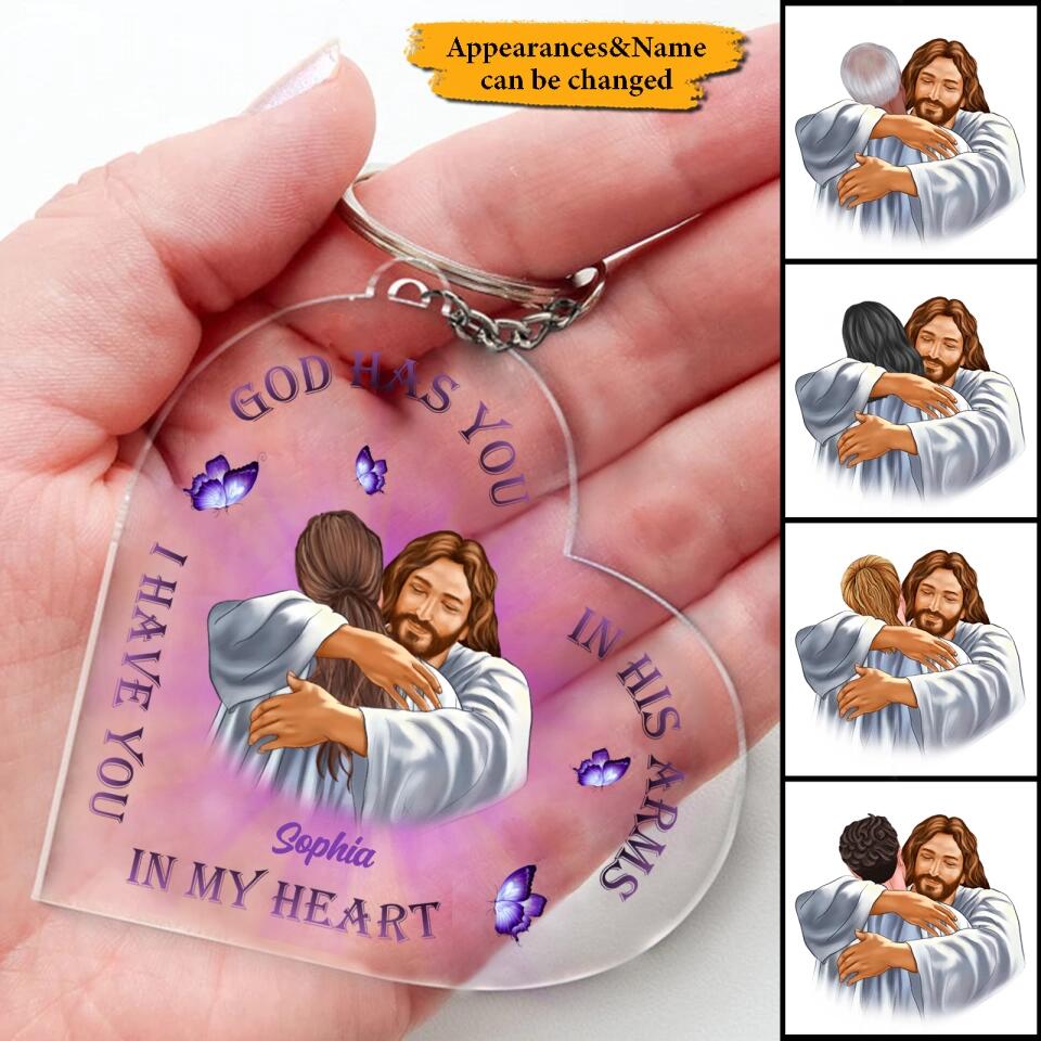 God Has You In His Arms - Custom Personalized God Heart Acrylic Keychain,Memorial Gift