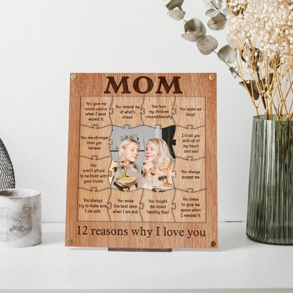 Mom 12 Reasons Why I Love You Wooden Puzzle Piece Collage - Personalized Frame