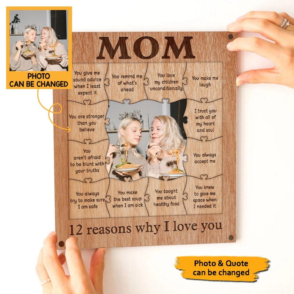 Mom 12 Reasons Why I Love You Wooden Puzzle Piece Collage - Personalized Frame