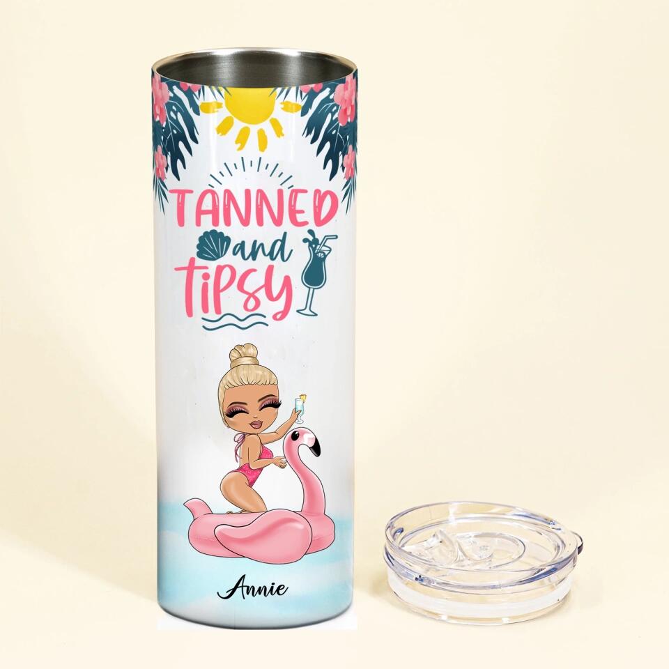 Tanned And Tipsy, Swimming Custom Skinny Tumbler, Gift For Summer