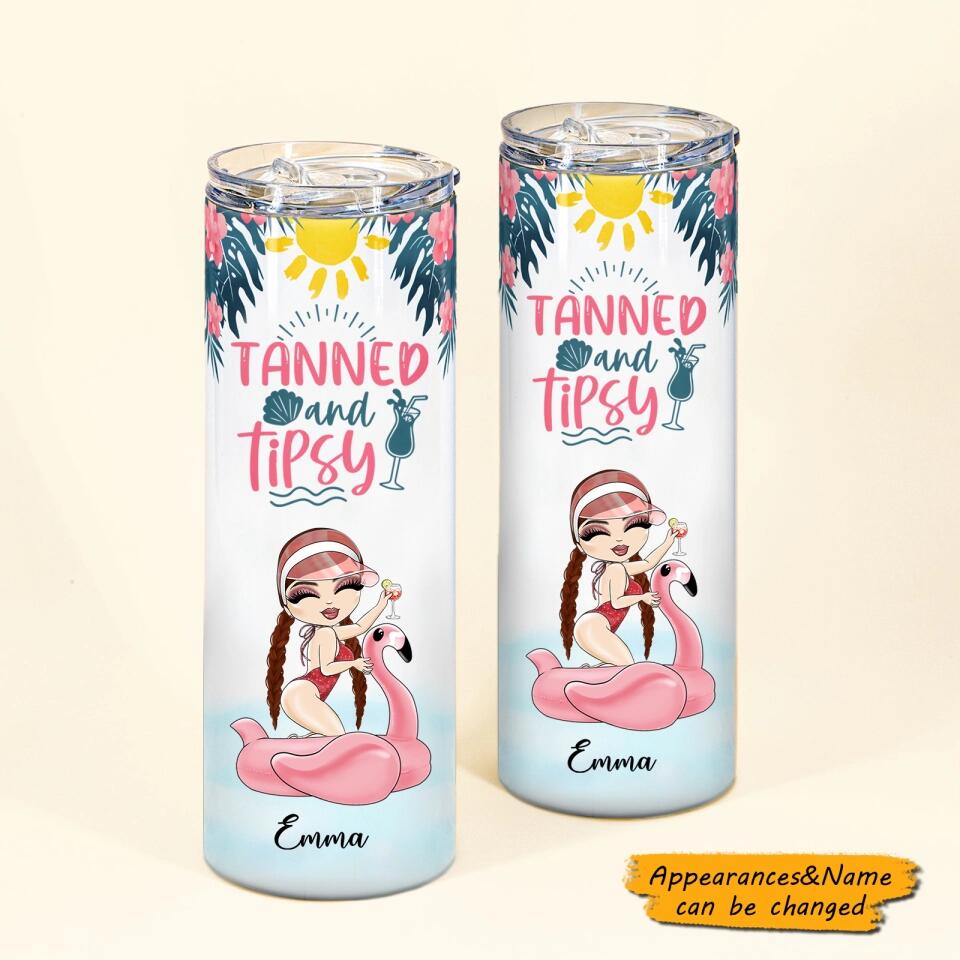 Tanned And Tipsy, Swimming Custom Skinny Tumbler, Gift For Summer