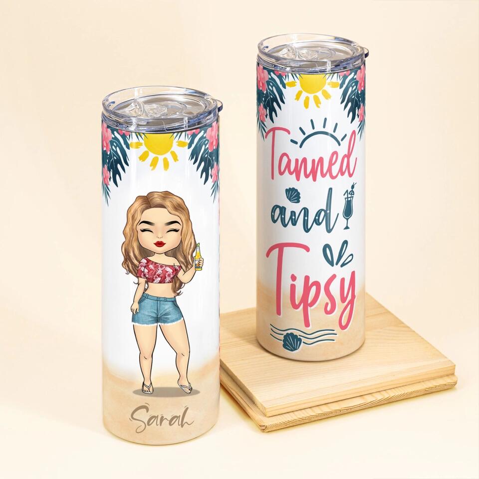 Tanned And Tipsy, Beach Custom Skinny Tumbler, Gift For Summer