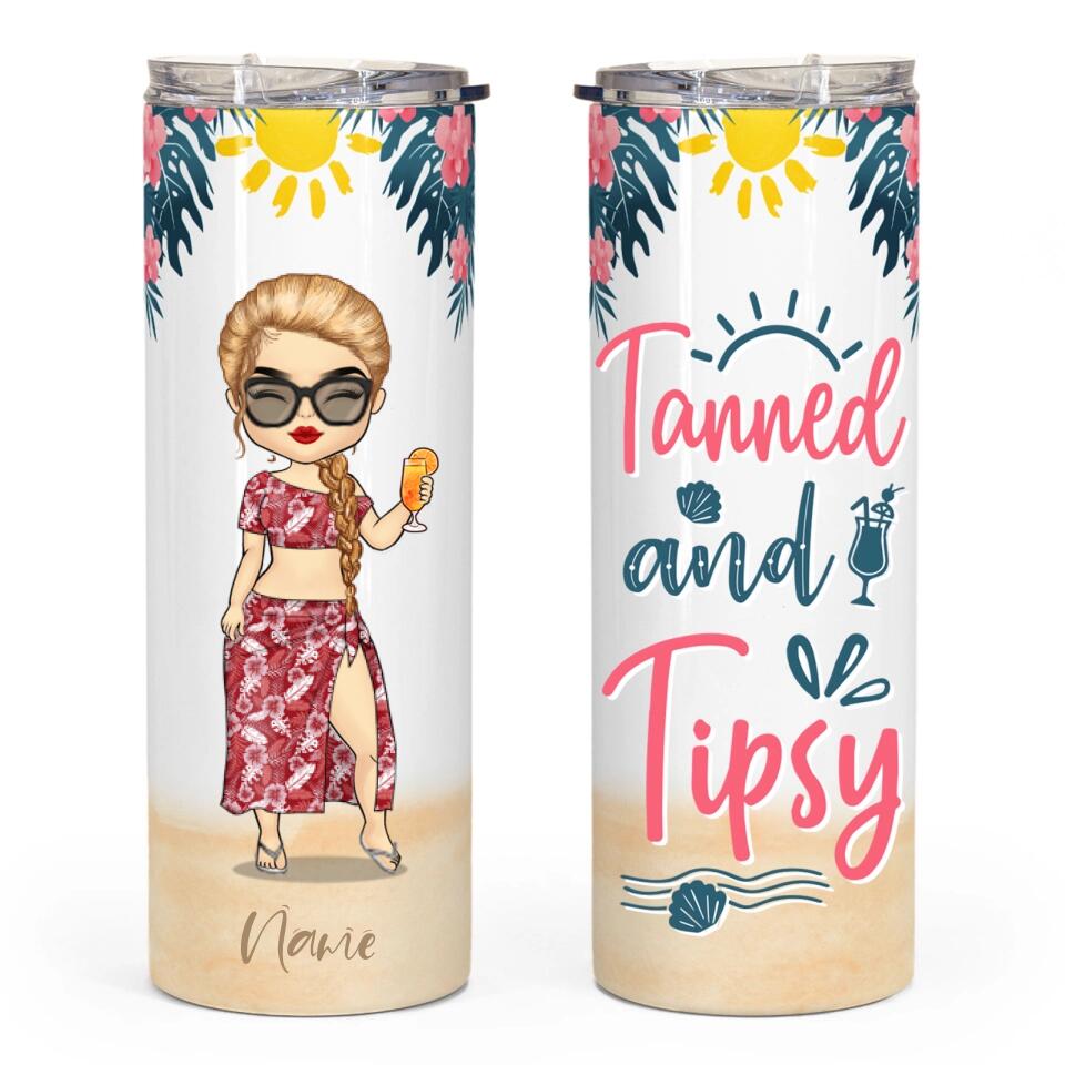 Tanned And Tipsy, Beach Custom Skinny Tumbler, Gift For Summer