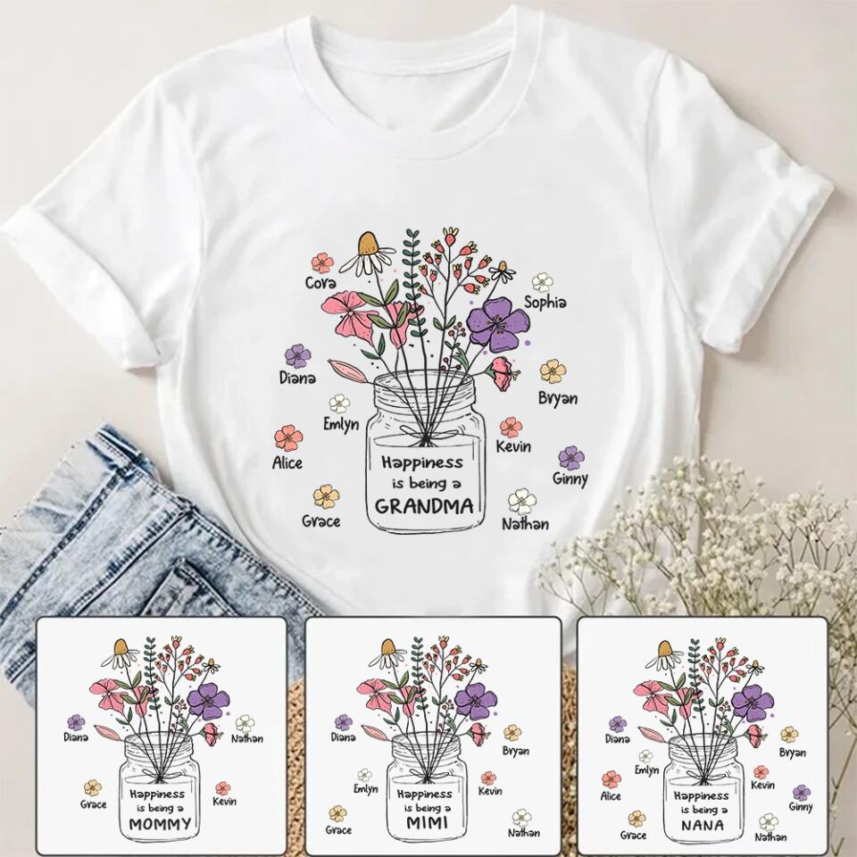 Grandma and Grandkids - Personalized Happiness is being a Grandma Flower Art T-Shirt, Hoodie - Best Gift for Mother's Day