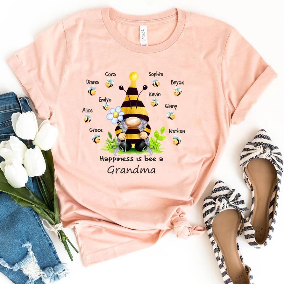 Grandma and Grandkids - Happiness is Bee A Grandma -  Personalized Grandma T-Shirt, Hoodie - Best Gift for Mom, Grandma