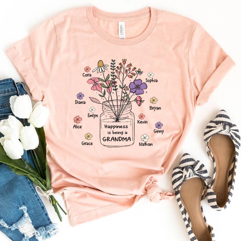 Grandma and Grandkids - Personalized Happiness is being a Grandma Flower Art T-Shirt, Hoodie - Best Gift for Mother's Day