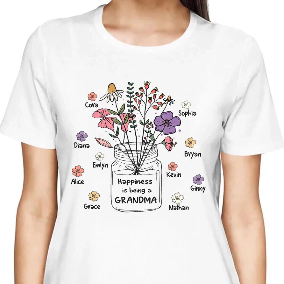 Grandma and Grandkids - Personalized Happiness is being a Grandma Flower Art T-Shirt, Hoodie - Best Gift for Mother's Day