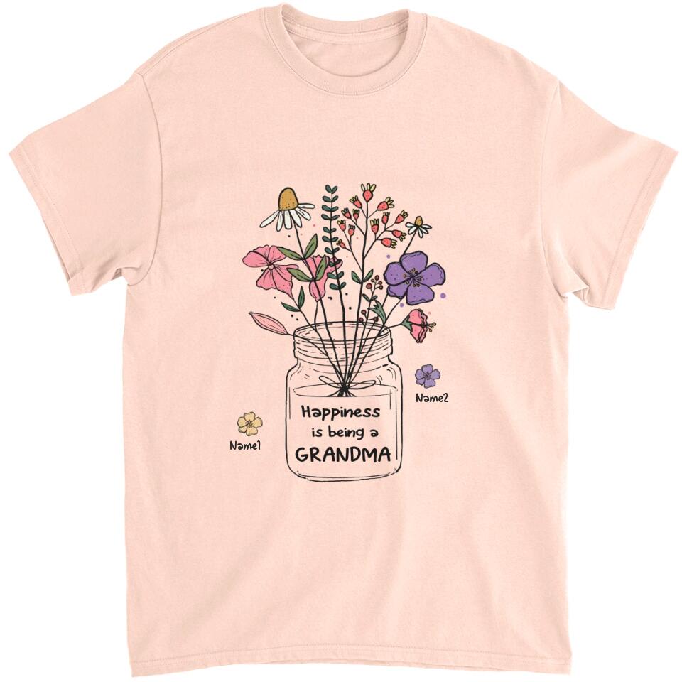 Grandma and Grandkids - Personalized Happiness is being a Grandma Flower Art T-Shirt, Hoodie - Best Gift for Mother's Day