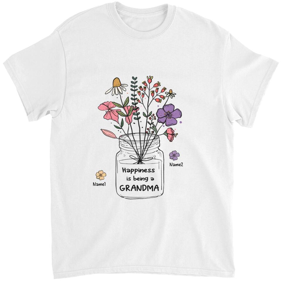 Grandma and Grandkids - Personalized Happiness is being a Grandma Flower Art T-Shirt, Hoodie - Best Gift for Mother's Day