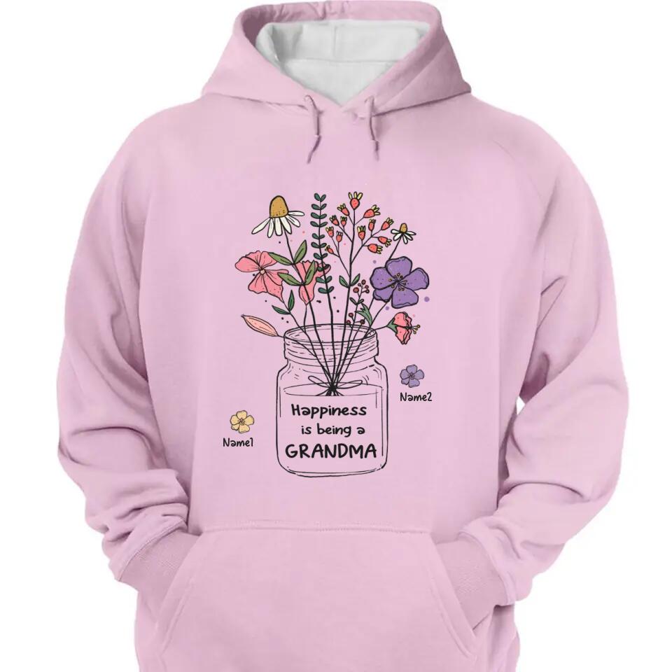 Grandma and Grandkids - Personalized Happiness is being a Grandma Flower Art T-Shirt, Hoodie - Best Gift for Mother's Day