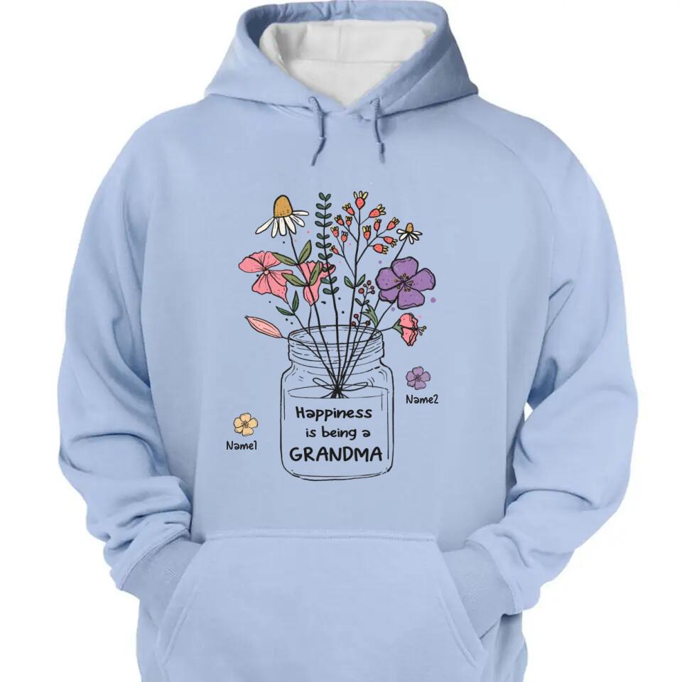 Grandma and Grandkids - Personalized Happiness is being a Grandma Flower Art T-Shirt, Hoodie - Best Gift for Mother's Day